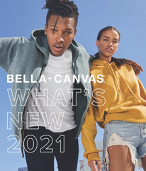 Two models in casual hoodies under a clear sky, with text: BELLA+CANVAS WHATS NEW 2021