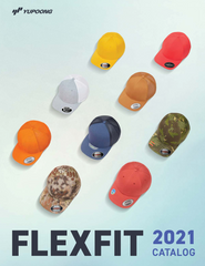 A selection of nine Flexfit caps in various colors and patterns arranged in a 3x3 grid on a white background, titled: FLEXFIT 2021 CATALOG