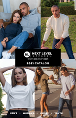 Four models in casual wear featured in: NEXT LEVEL APPAREL 2021 CATALOG, for mens, womens, unisex, and youth styles.
