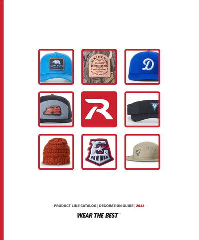 Eight perse caps and a knit hat with logos, displayed in red frames, on a white background with text: WEAR THE BEST, at the bottom.