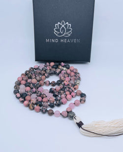 Mynd-Abundance handcrafted 108 mala necklace pink zebra jasper and pink quartz beads