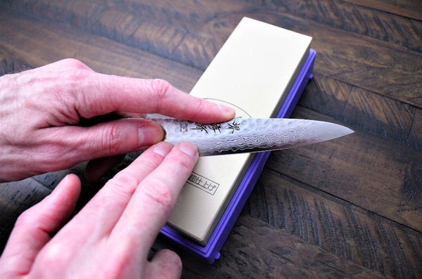 Hand Sharpening Japanese Knife Gift on Whetstone with Purple Case