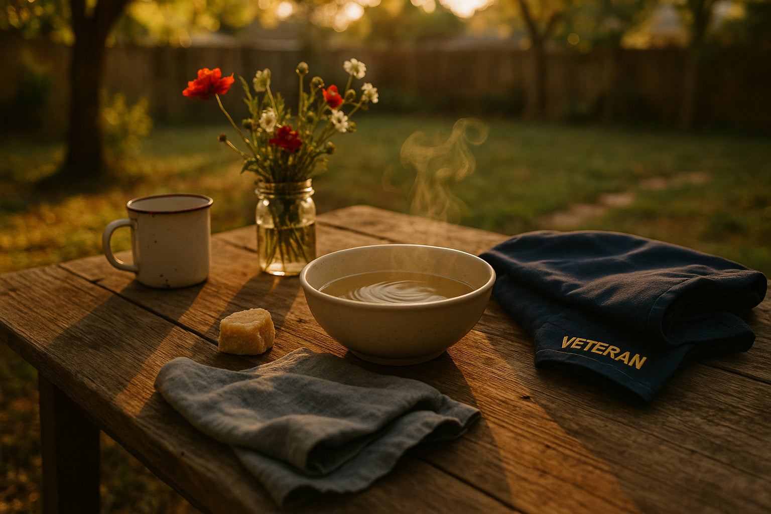 Rustic backyard scene with yak cheese, steaming water, navy jacket, wildflowers, and enamel mug.