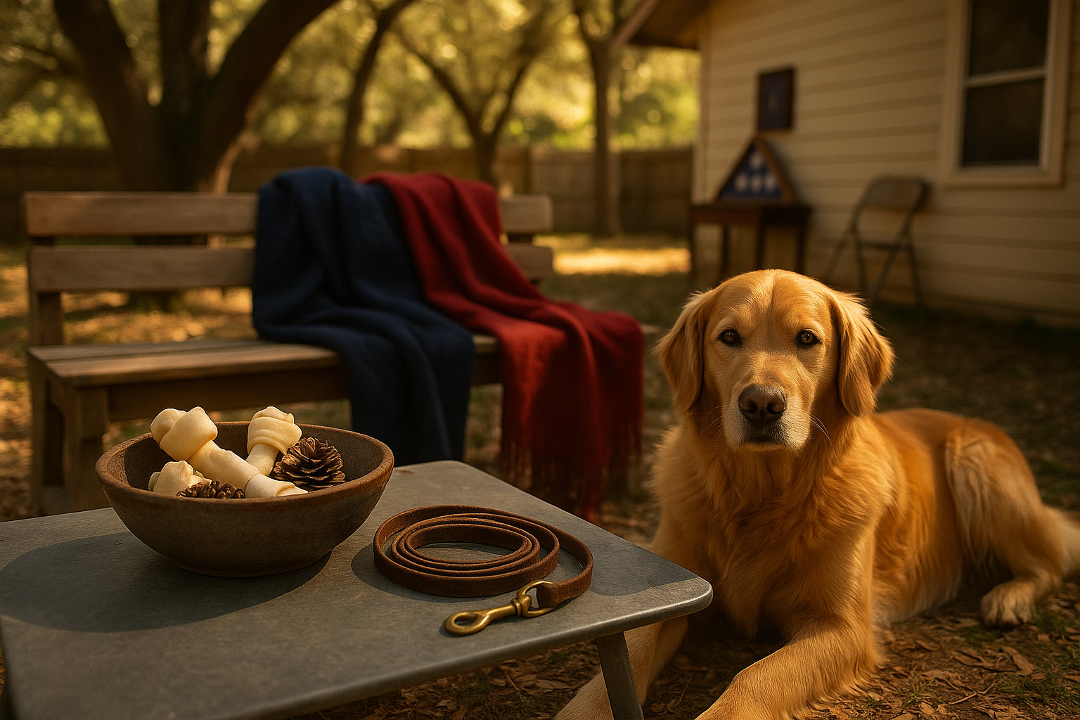 Golden retriever resting near picnic table with bones, pinecones, blankets, and veteran memorabilia.