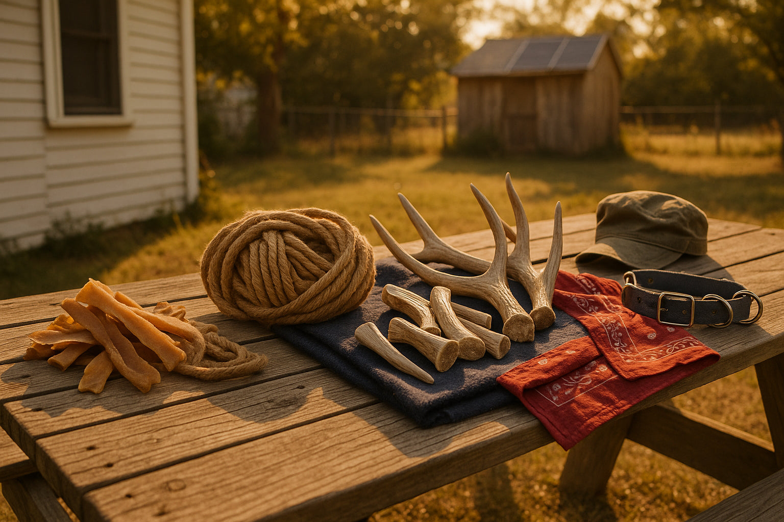 Rustic backyard scene with wooden table, hemp ropes, antlers, navy blanket, and patriotic accessories.
