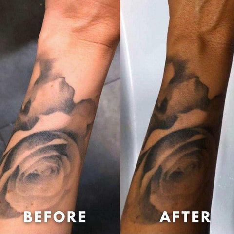 tanned body with tattoos before and after tanning session