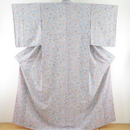 小紋 茶系 花 正絹 袷 バチ衿 カジュアル 仕立て上がり  身丈158cm 美品