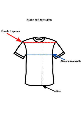 T-shirt et démonstration des mesures prises au niveau du dos, au niveau des épaules ainsi que des aisselles.