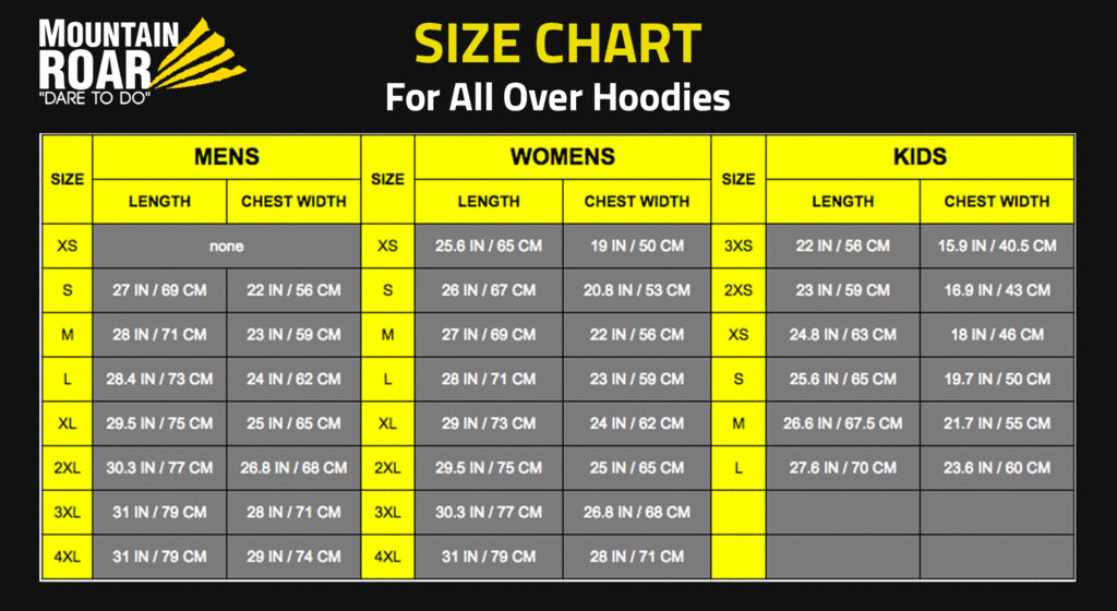 Size chart for all over print hoodies