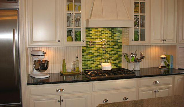 Lime Green and Floral Linear Glass Tile Kitchen Backsplash