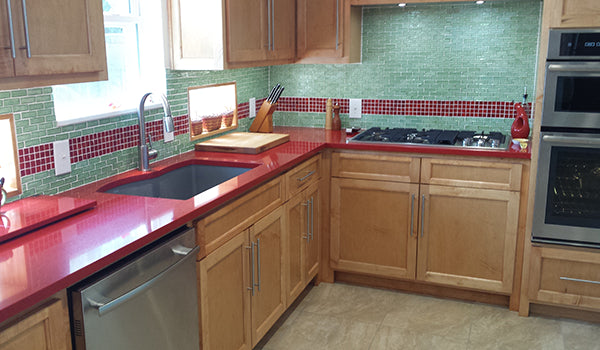 Red and Green Ocean Bottle Glass Tile Kitchen