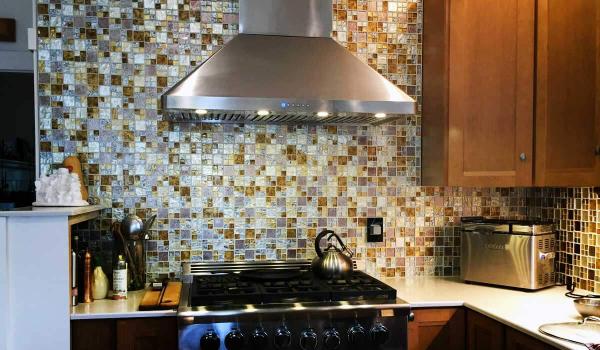 Silver, Gold, and Taupe Metallic Glass Tile Kitchen Backsplash