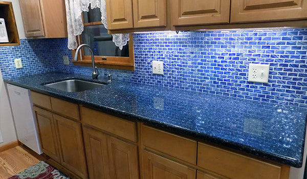 Stunning Blue Recycled Glass Tile Kitchen
