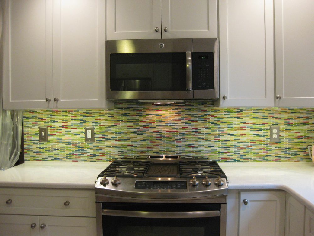 Green Orange and Black Glass Tile Kitchen Backsplash