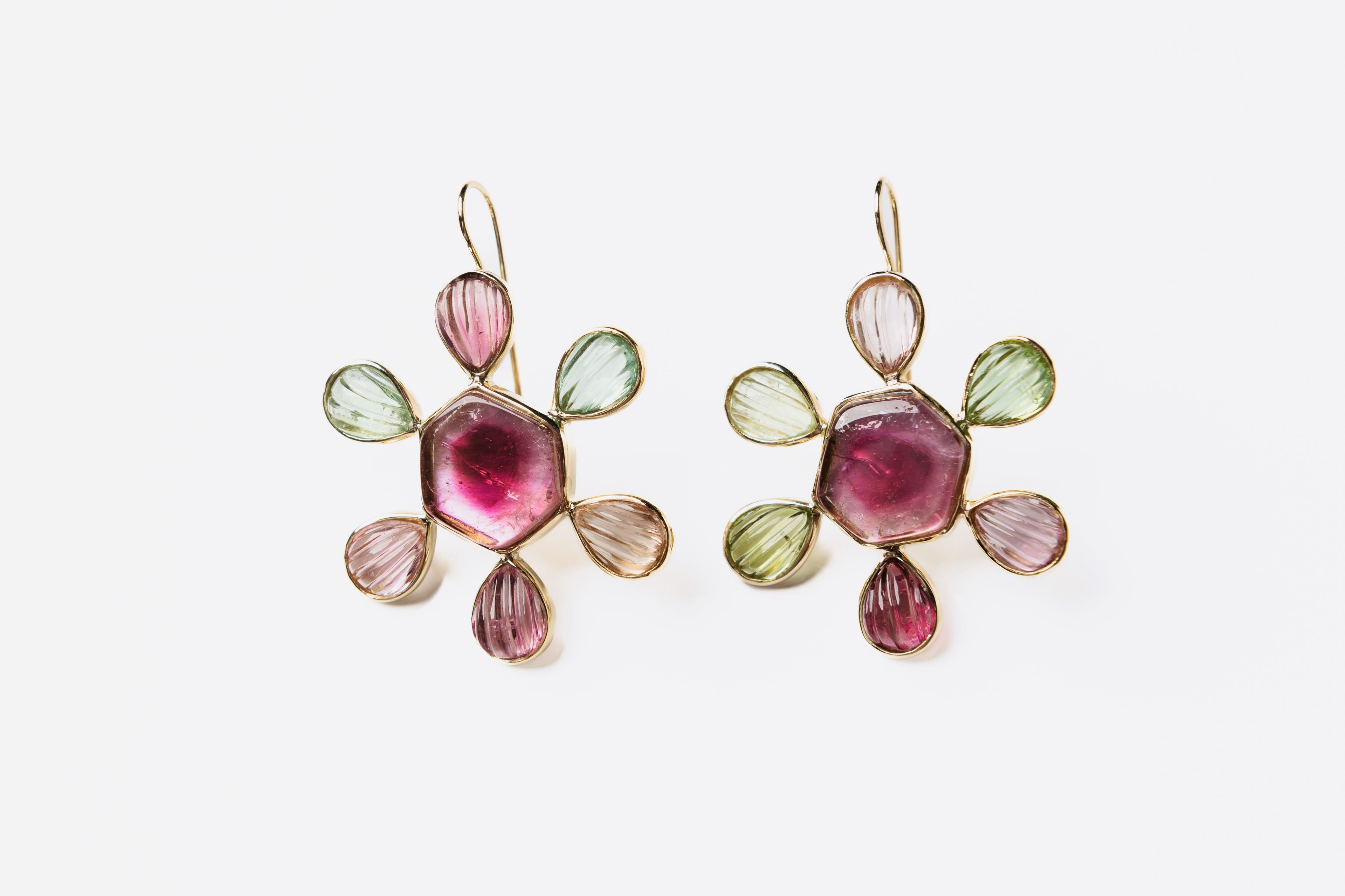 Pink and Green Tourmaline and Gold ‘Flower’ Earrings image