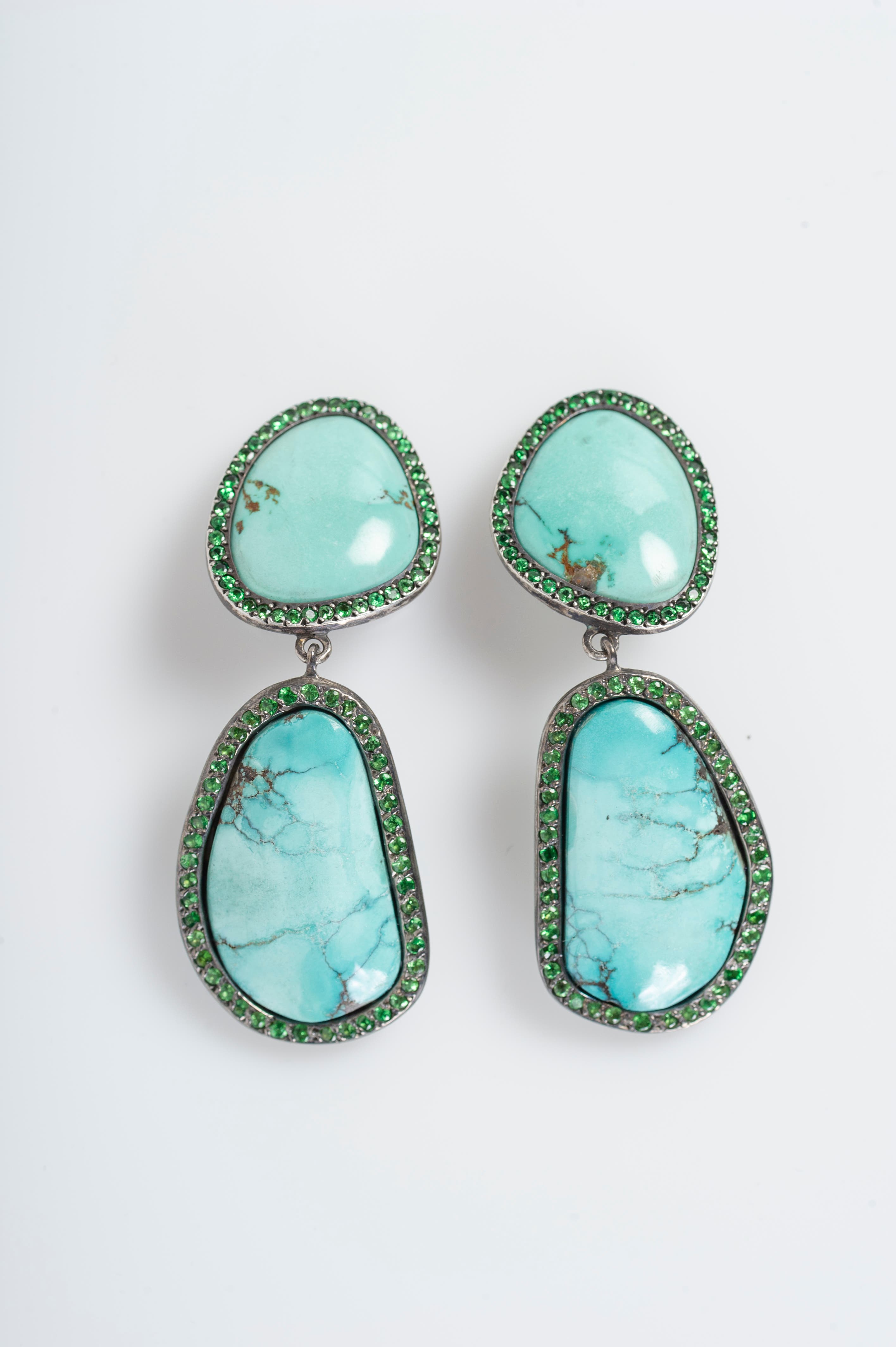 Turquoise Earrings with Green Diamonds image