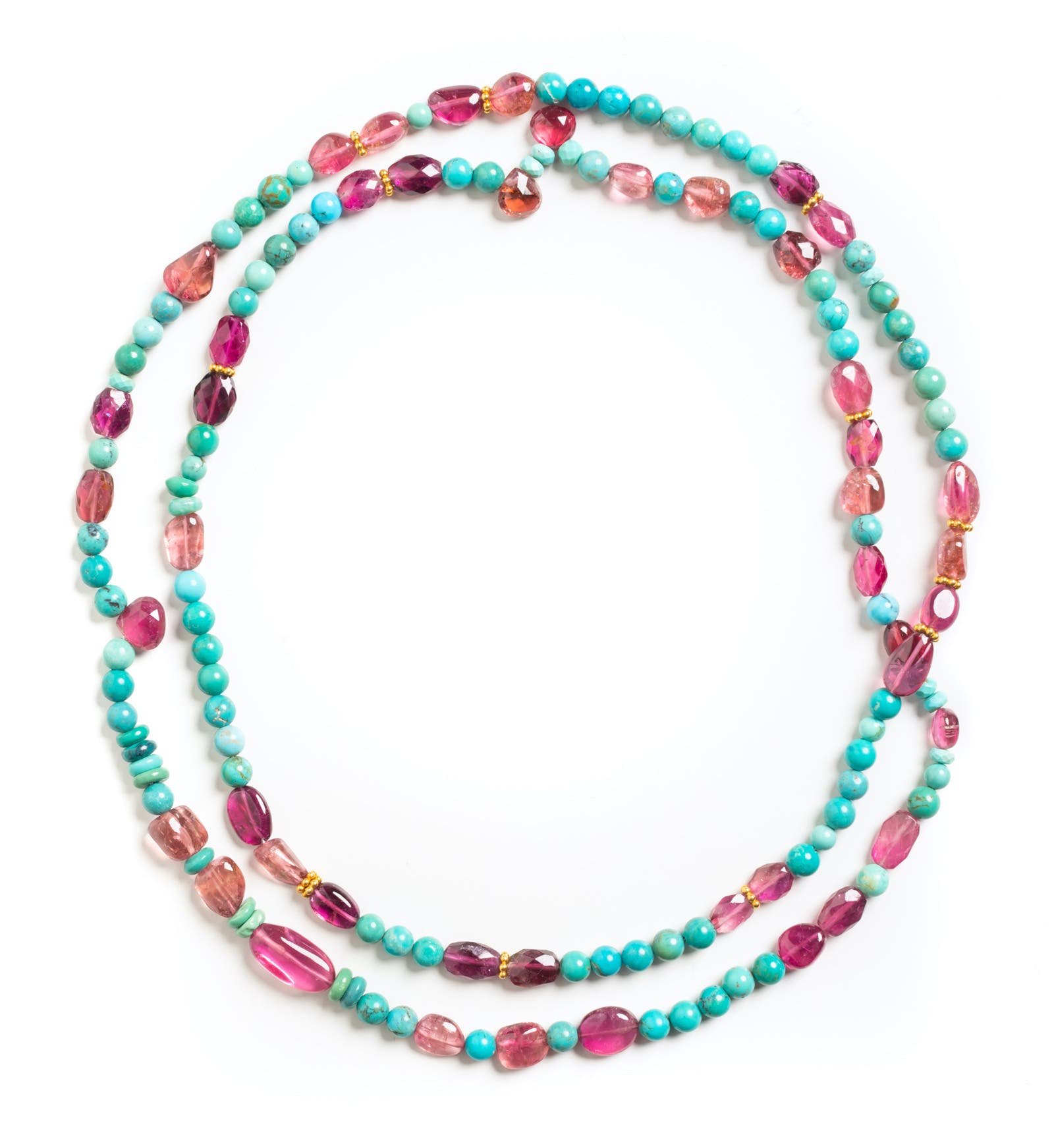 Turquoise, Pink Tourmaline and Gold Beaded Necklace image