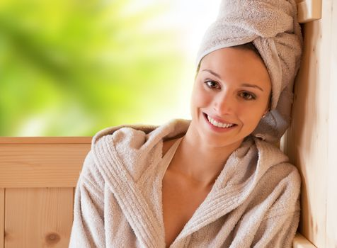 a woman in a sauna