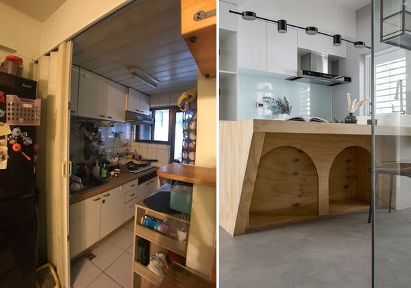 Before and after the kitchen makeover for dog-cat family.