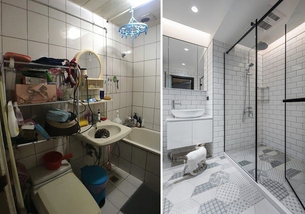 Before and after the bathroom makeover for dog-cat family.