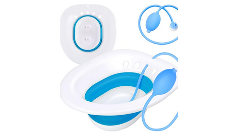 Sitz Bath, Sitz Bath for Hemorrhoids, Sitz Bath for Toilet Seat, Postpartum Care, Sits Bath Kit for Women, Collapsible, Flusher Hose, Drain Holes, Wider Seating Area, Deeper Bowl