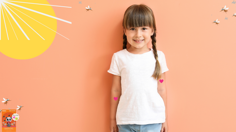 Child wearing light-colored clothing for insect prevention and applying Embeba Soothing Patch on a bug bite, demonstrating effective methods for managing insect bites in kids during summer.