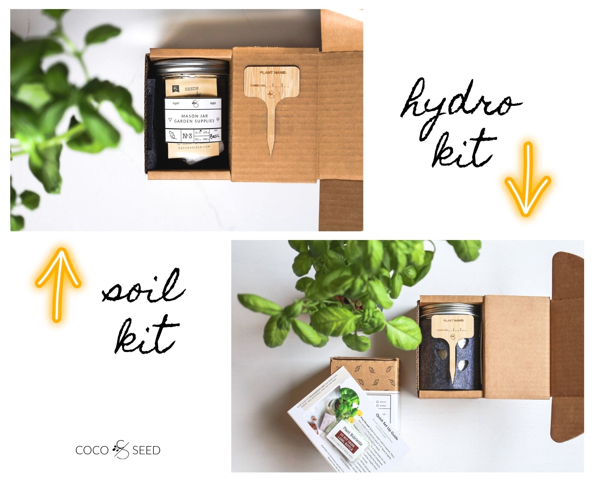 coco and seed hydroponic kit and soil herb plant kit collage