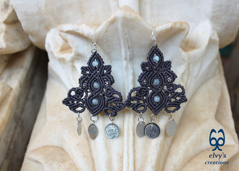 Handmade Macrame Aquamarine Earrings Long Dangle Gypsy Earrings