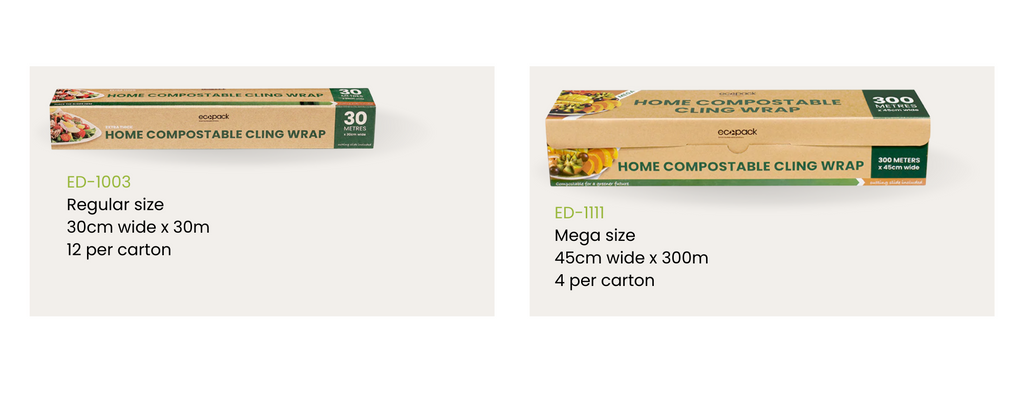 Product shot and specs for regular and mega sized compostable cling wrap