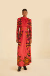 High-Neck Viscose Beaded Open-Back Ruched Button Closure Hidden Back Zipper Winter Long Sleeves Maxi Dress