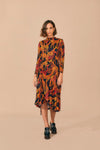 Animal Giraffe Print High-Neck Viscose Long Sleeves Beaded Hidden Back Zipper Slit Winter Midi Dress