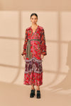 V-neck Winter Floral Print Button Front Tiered Belted Viscose Long Sleeves Maxi Dress With Ruffles