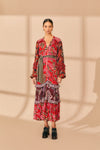 V-neck Winter Long Sleeves Button Front Tiered Belted Floral Print Viscose Maxi Dress With Ruffles