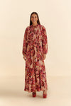V-neck High-Neck Flowy Ruched Gathered Long Sleeves Floral Print Viscose Maxi Dress