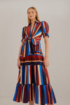 V-neck Striped Print Hidden Back Zipper Tiered Puff Sleeves Short Sleeves Sleeves Fall Winter Plunging Neck Midi Dress