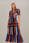 V-neck Striped Print Puff Sleeves Short Sleeves Sleeves Hidden Back Zipper Tiered Fall Winter Plunging Neck Midi Dress