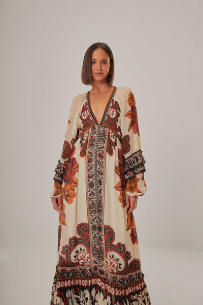 V-neck Fall Winter General Print Maxi Dress