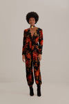 V-neck Long Sleeves Hidden Back Zipper Fall Winter General Print Jumpsuit