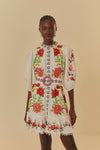 Sophisticated High-Neck Short Sleeves Sleeves Cotton Floral Print Embroidered Short Party Dress