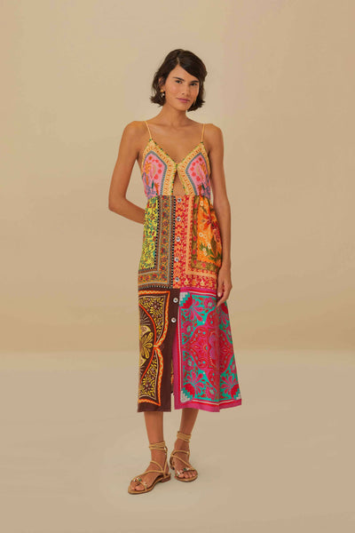 V-neck Floral Geometric Print Flowy Viscose Midi Dress