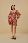Short Spring Beaded Long Sleeves Square Neck Tropical Print Dress