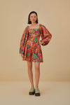 Short Tropical Print Spring Long Sleeves Square Neck Beaded Dress