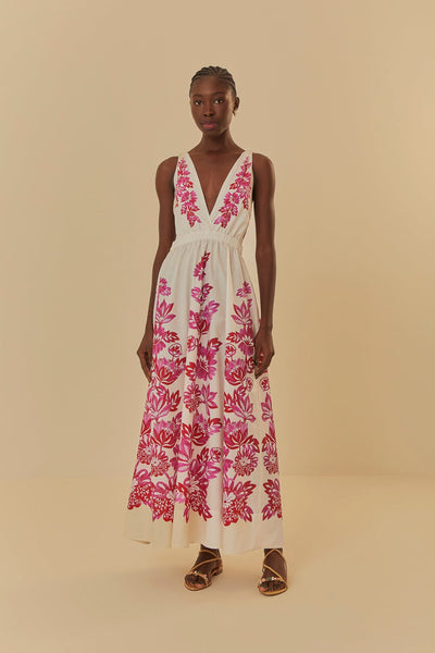 V-neck Cotton Full-Skirt Fitted Open-Back Floral Print Maxi Dress/Midi Dress