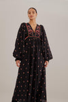 V-neck Floral Print Long Sleeves Fall Winter Embroidered Maxi Dress