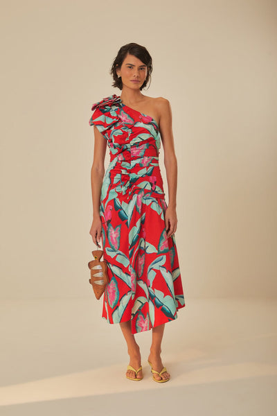 Sophisticated General Print One Shoulder Cotton Elasticized Waistline Asymmetric Summer Evening Dress/Maxi Dress With Ruffles