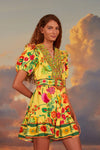 V-neck Summer Floral Print Cotton Elasticized Waistline Short Dress With Ruffles