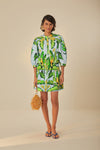 General Print Cotton Summer Round Neck Elasticized Waistline Above the Knee Bishop Sleeves Dress