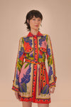 Short Floral Geometric Print Collared Viscose Bell Sleeves Dress With a Sash