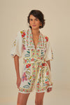 Flutter Sleeves Collared Lace Trim Elasticized Waistline Floral Print Evening Dress/Romper