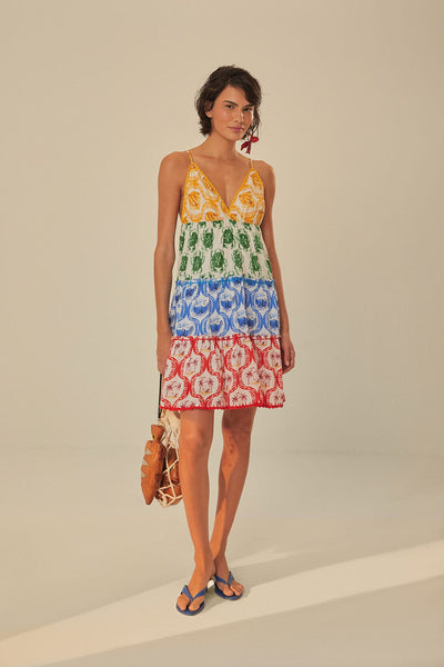 V-neck Short Summer Tiered Cotton Tropical Print Evening Dress